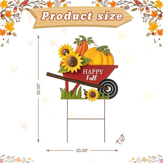 Glitzhome 30" H Fall Metal Wheel Barrow Pumpkin Yard Stake/Hanging Wall Decor,Pumpkin Wagon Cart with Happy Fall Signs,Fall Harvest Porch Decorations for Thanksgiving Autumn Halloween Party Supplies