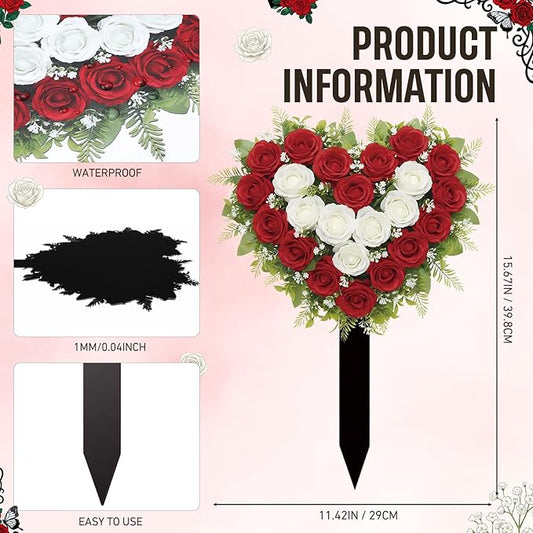 Frienda 2 Sets Cemetery Flowers Grave Stake Metal Floral Decor for Tombstone, Outdoor Gravesite Markers for Mom Dad, Memorial Day Spring Easter Grave Decor(Heart,Red,White)