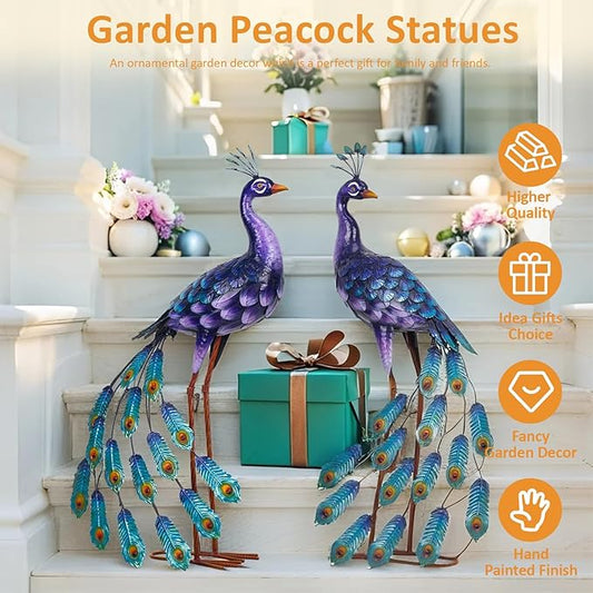 Kircust Purples Peacock Garden Statue and Sculpture, Metal Peacocks Yard Art Lawn Decor, Large Birds Garden Sculptures & Statues for Patio Backyard Pond Home Decoration