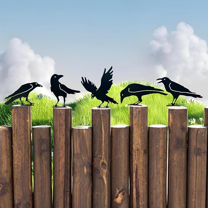 5pcs Black Crows Halloween Decor Wrought Iron Metal Crow Decor Raven Silhouette for Metal Yard Art Indoor Outdoor Garden Decoration Home Decor