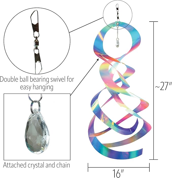 In the Breeze 9158 — Striped Iridescent Mylar Spin Quartet with Crystal — Colorful Suncatcher Wind Spinner for Yards and Gardens with Plastic Crystal…