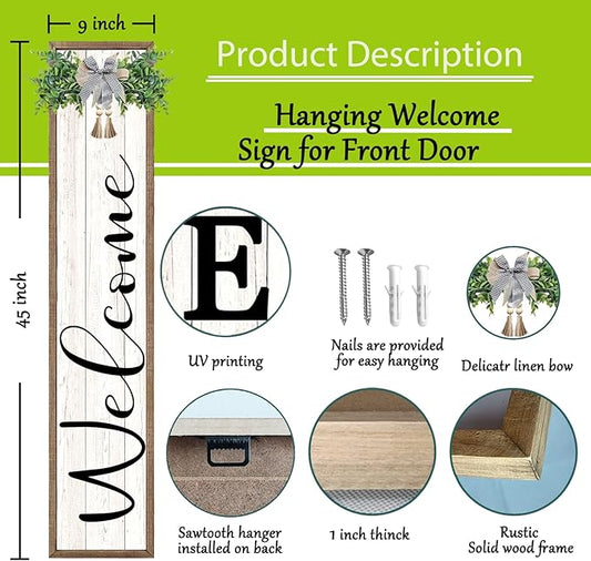 flowtorely Outdoor Welcome Sign for Front Porch Standing 45"×9" Vertical Leaner Wood Frame Tall Outside Rustic Large farmhouse Home Decor Welcome Sign for Front Door Decorations (Wood White)