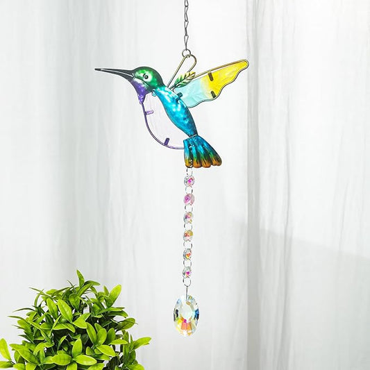 Hummingbird with Crystal Sun Catcher,Stained Glass Bird Suncatchers for Windows Hanging,Crystal Suncatcher Prism Hanging Ornament for Home Garden Party Decoration(Blue)