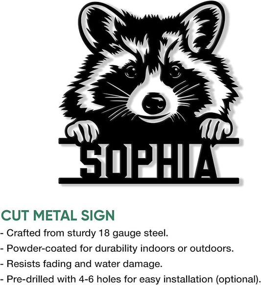 Personalized Raccoon Metal Sign, Raccoon Hanging Sign Outdoor Porch Welcome, Custom Name Wall Fence Yard Patio Home Office Decor Gifts Birthday
