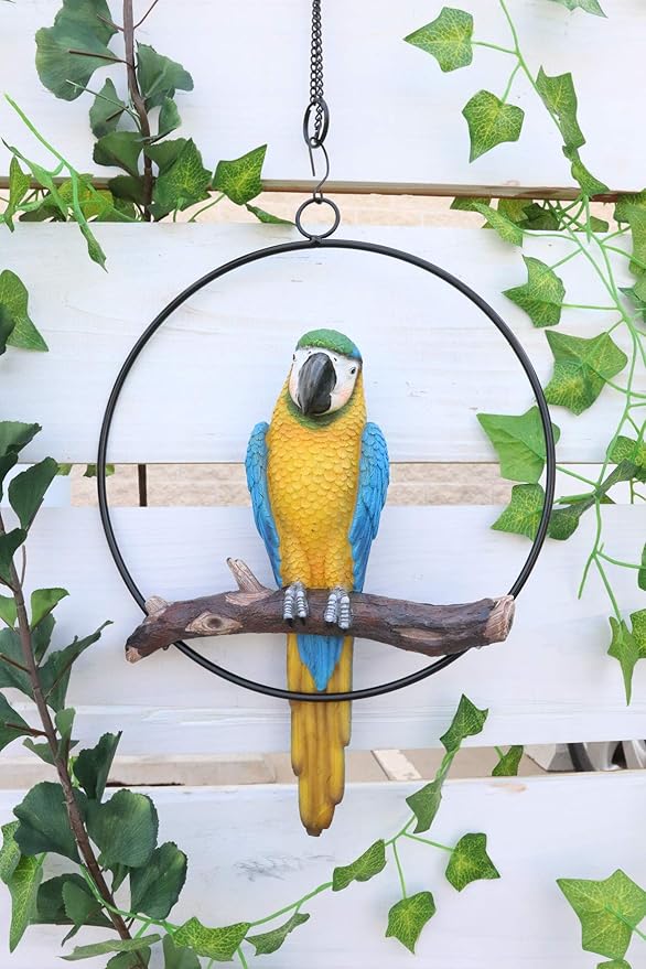 Ebros Patio Home Garden Hanging Scarlet Macaw Parrot Perching on Branch in Metal Round Ring Figurine Sculpture Nature Lovers Tropical Bird Collectors Decor 13.5" H (Blue)
