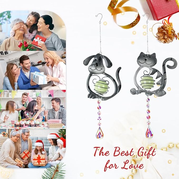 Cat&Dog Garden Suncatcher,2 Pack Suncatchers with Crystal,Metal Sun Catchers Indoor Window Ornament for Outdoor Indoor Home Garden Decoration