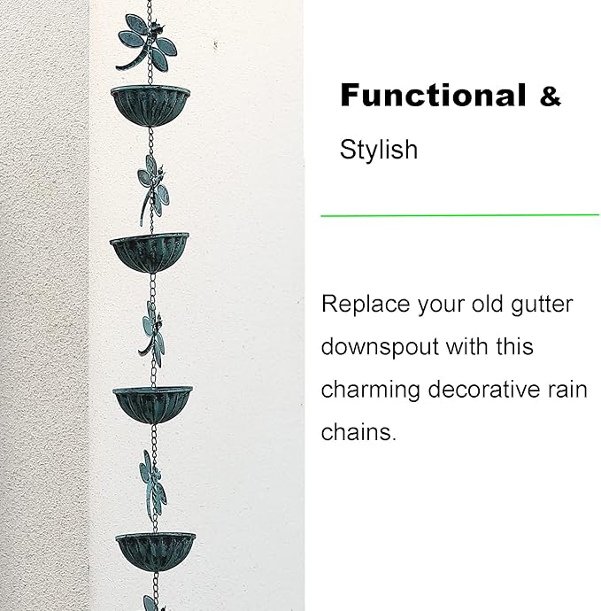Iron Dragonfly Rain Chain for Gutters, 8.5-Feet Length, Distressed Blue