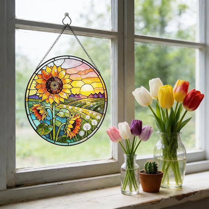 Sunflower Hanging Stained Glass for Windows, Sunflower Sun Catchers Indoor Window Glass Summer Floral Wall Art Hanging Decorations Mother's Day, Valentine's Day Ornaments Festival Gift 7.87"