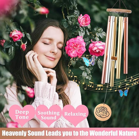 Wind Chimes for Mom, 32" Unique Tri-Gold Rose-Themed Wind Chimes for Mom, Windchimes Outdoors Deep Tones Soothing Melody, Gifts for Mothers