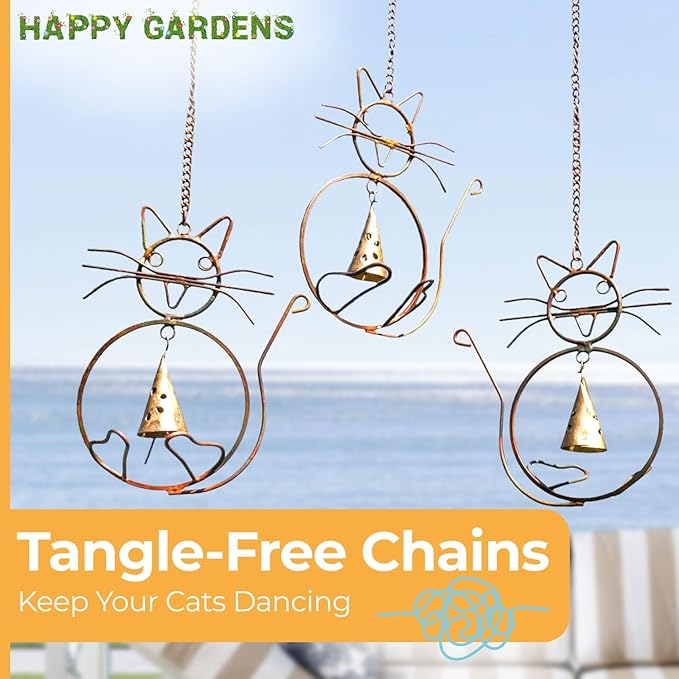 Happy Gardens Cat Wind Chimes with Three Bells | Outdoor Gifts for Cat Lovers | Home Decor for Garden and Patio