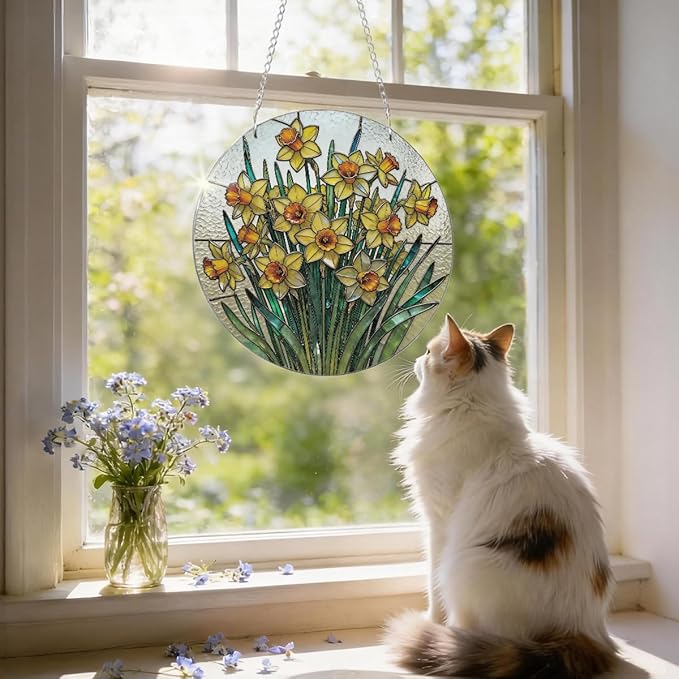 Daffodil Plant Flowers Sun Catchers, Acrylic Hanging Suncatcher for Home Garden Decor, Housewarming Decor, Birthday Gift for Women, Men, Wife, Aunt, and Mom, Flower Lover Gift