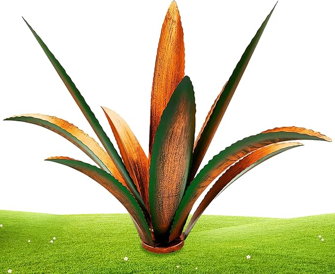 NIDONE Metal Yard Art, 9 Leaves Metal Agave Yard Art Tequila Rustic Garden Sculpture Statue for Garden Lawn Ornaments (Green)