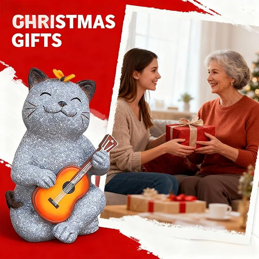 Cat Garden Statue Outdoor Decor, Cat Sculpture with Guitar and Butterfly for Yard Lawn Patio Balcony, Christmas Birthday Housewarming Gifts for Mom, Grandma, Women, 8.8 inch, Resin