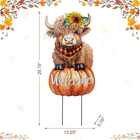 Glitzhome Fall Thanksgiving Yard Stake Decorations for Outdoor, 29.75" H Thanksgiving Metal Highland Cow Yard Stake or Wall Décor, Fall Garden Stakes for Patio Pathway Autumn Harvest Decorations