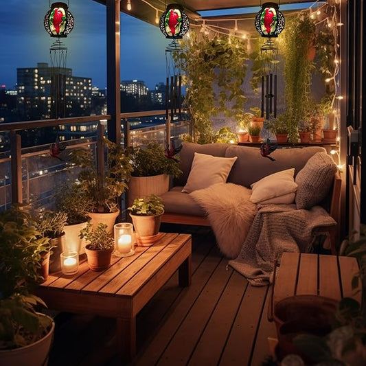 Solar Wind Chimes for Outdoor, Cardinal Garden Decorations Memorial Wind Chimes Deep Tone, Sympathy Windchimes with Detachable Solar Lanterns for Outside Garden Décor, Gifts for Mom, Grandma-Cardinal