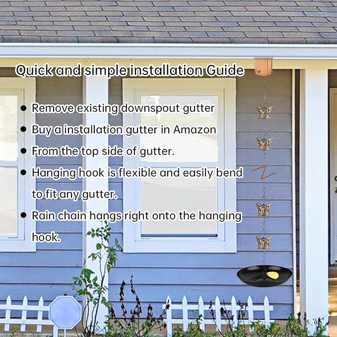 Rain Chains for Gutters Outside 8.5FT Copper Rain Catcher Chain with 13 Butterfly Cups Decorative Replacement for Downspout