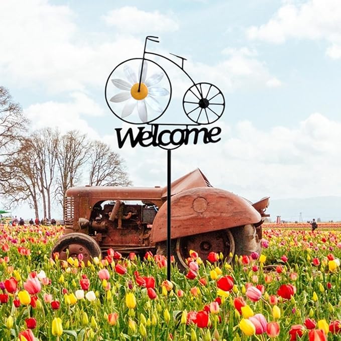 Metal Wind Spinner, 47" Tall Bicycle Wind Sculptures, Daisy Flower Windmill Bike Pinwheel Garden Stake Welcome Sign for Patio Lawn Farm Backyard Decorations