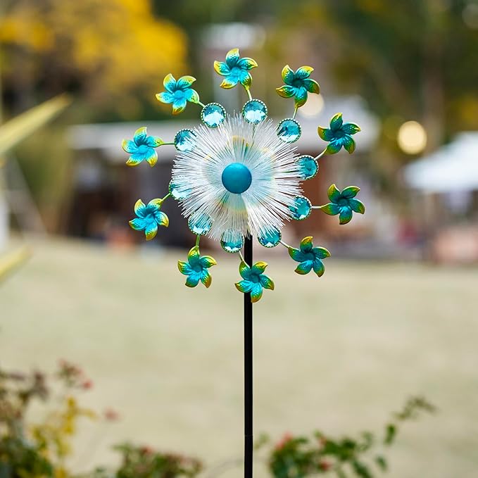 46" Flower Solar Wind Spinners Led Garden Wind Spinner, Sapphire Kinetic Windmill Wind Spinner Outdoor Decor, Solar Wind Sculpture Yard Art for Patio, Lawn & Garden