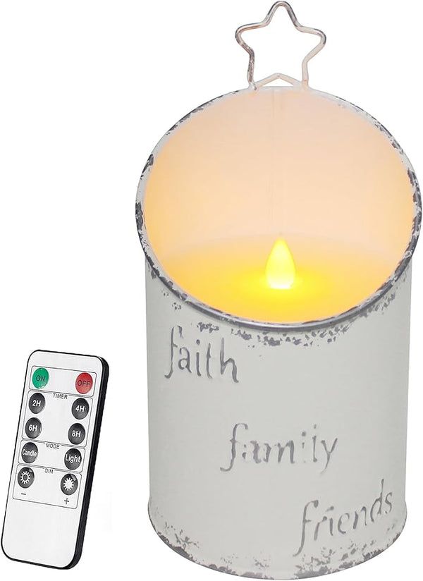 CVHOMEDECO. Vintage Galvanized Can Flameless LED Candle, Real Wax in Antique Galvanized Jar FFF Flickering Candle with Remote Control for Tabletop Wall Decor. H 8 Inch, Cream