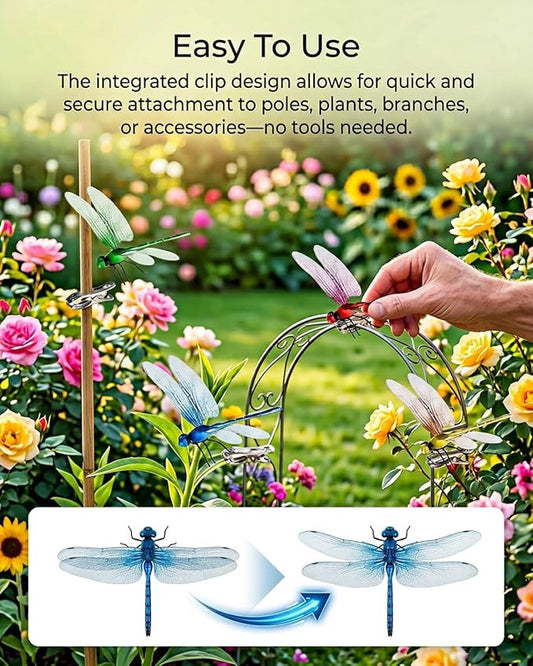 Dragon Fly Clips for Bugs Repellent, Outdoor Dragonfly Clips to Keep Bugs Away, Clip on Dragonfly Garden Decor Flying Butterflies Decorations Fake Flies Metal Dragon Moving Yard Ornaments Hat(24pcs)