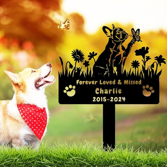 Custom French Bulldog Dog Memorial Grave Marker,Personalized Metal Flora Dog Memorial Stake,Dog Memorial Plaque Burial Stake Engraved Sign,Sympathy Grave Stake for Lost Dog,Dog Headstone