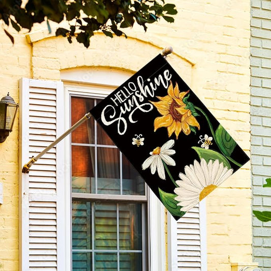 AVOIN colorlife Daisy Sunflower Hello Sunshine House Flag 28x40 Inch Double Sided, Summer Seasonal Holiday Burlap Yard Outdoor Decoration Black