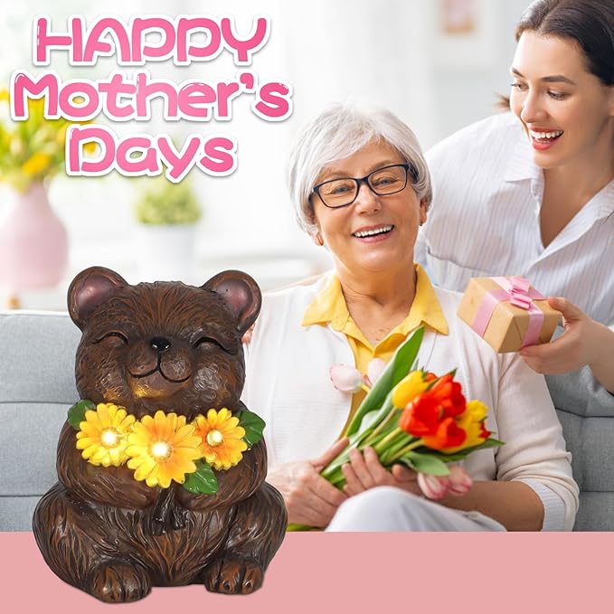 Solar Garden Statues Bear with Daisy and LED Lights Birthday Gifts for Women Mom Grandma Solar Outdoor Cat Decor for Outside,Outdoor Solar Lights for Yard, Garden and Patio, Unique Gift for Women
