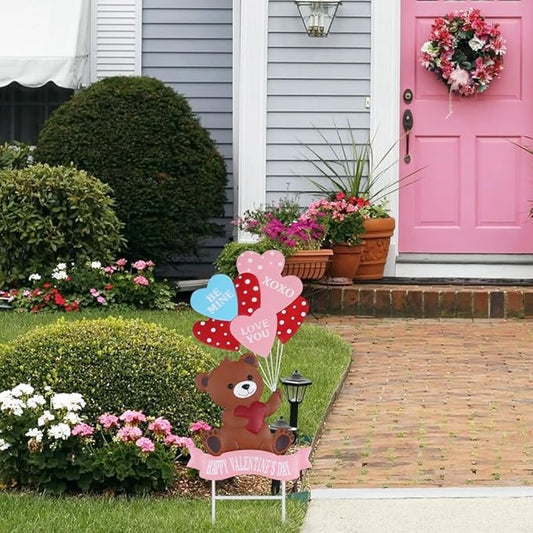 YEAHOME Valentines Day Decorations Outdoor, Metal Bear Decorative Garden Stakes with Love Balloon for Valentines Day Decor, Happy Valentine's Day Yard Signs for Home Porch Lawn Wedding Anniversary
