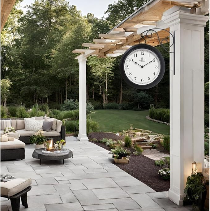 Metal Double Sided Wall Clock 10" - Decorative Indoor Outdoor Double Sided Clock - Easy to Read, Hanging Train Station Style for Patio, Garden, Office & More - Antique Style Outside Corner Wall Decor
