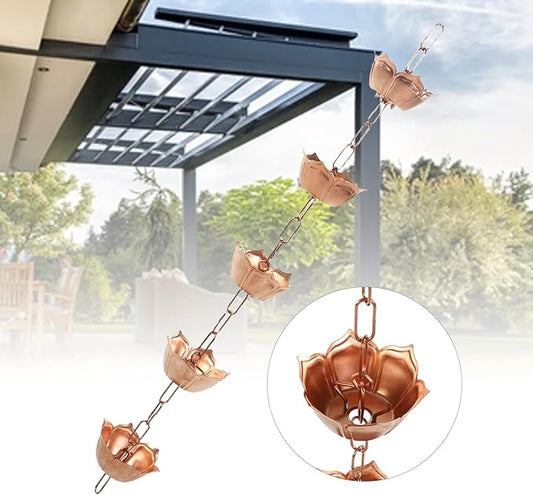 Copper Rain Chain Handcrafted Downspout Replacement 5 Flower Decorative Rain Catcher for Villa Garden Park Porch with High Strength Durability