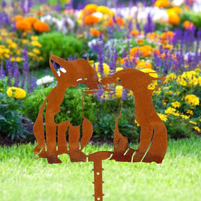 Garden Outdoor Decoration Rusty Metal Art Corten Steel Foxes Animal Decor Handmade for Yard Lawn Trees Fences Gates Windows Walls Grass, 3pcs