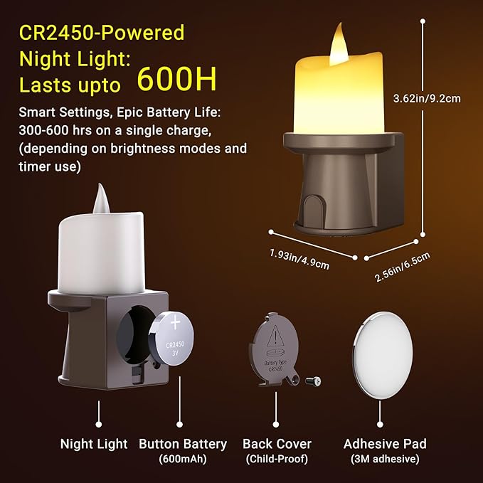 2 Pack Flameless Candles Nightlight With Flickering Flame, Battery Operated Candles Included Magnetic Attachment Easy For Placement, Realistic Candlelight For Home, Bathroom, Window Decor (Brown)