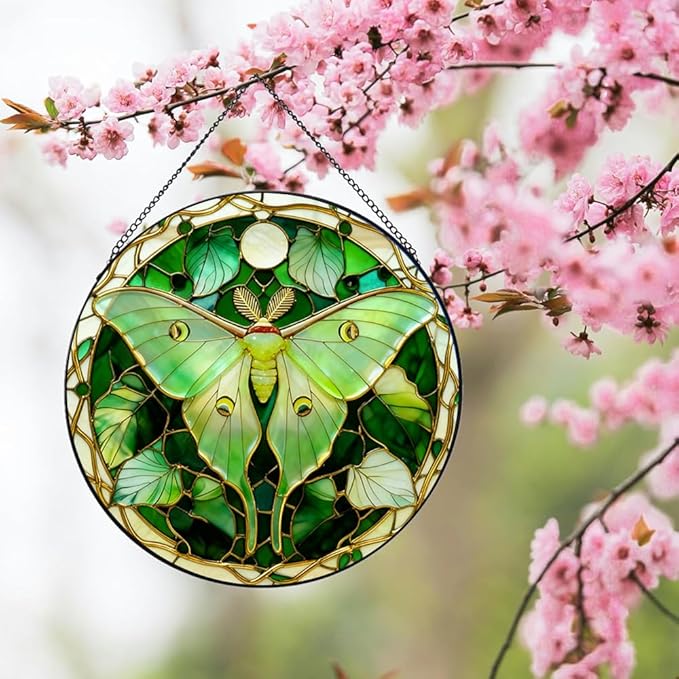 Stained Glass Window Hanging, Luna Moth Butterfly Suncatcher for Window Doors Garden Home Decoration, Green Glass Panel Ornaments for Women,Men,Wife, Lovers, and Mom 7.8×7.8 in
