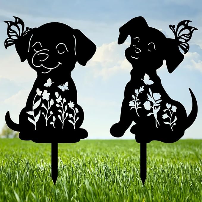 CREATCABIN 2Pcs Black Dog Stake Metal Dog Garden Decor Art Dog Silhouette Statues Garden Decorative Dog Ground Insert Lawn Ornaments for Outside Outdoor Dog Lover Gifts 8.6/8.3x11.8Inch