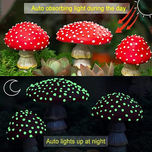 OwMell Glow in The Dark Mushroom, Set of 3 Mushroom Decor Decorations for Garden Yard, Mushroom Tree Decorations Outdoor, Mushroom Statue Figurines, Fairy Garden Decor Accessories - Garden Stakes