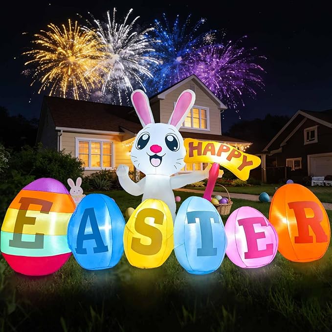 7FT Long Easter Inflatables Outdoor Decoration Inflatable Bunny with Happy Easter Built in LED Lights Bunny Blow Up Yard Decoration for Lawn Garden Holiday Party(with Storage Bag)
