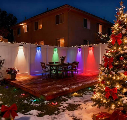 Fence Lights Solar Powered 2 Pack, RGB Fence Solar Lights Outdoor Waterproof Led, 12 Modes Color Changing Outside Lightings Decor for Wall Railing Patio Deck Backyard Garden Pool