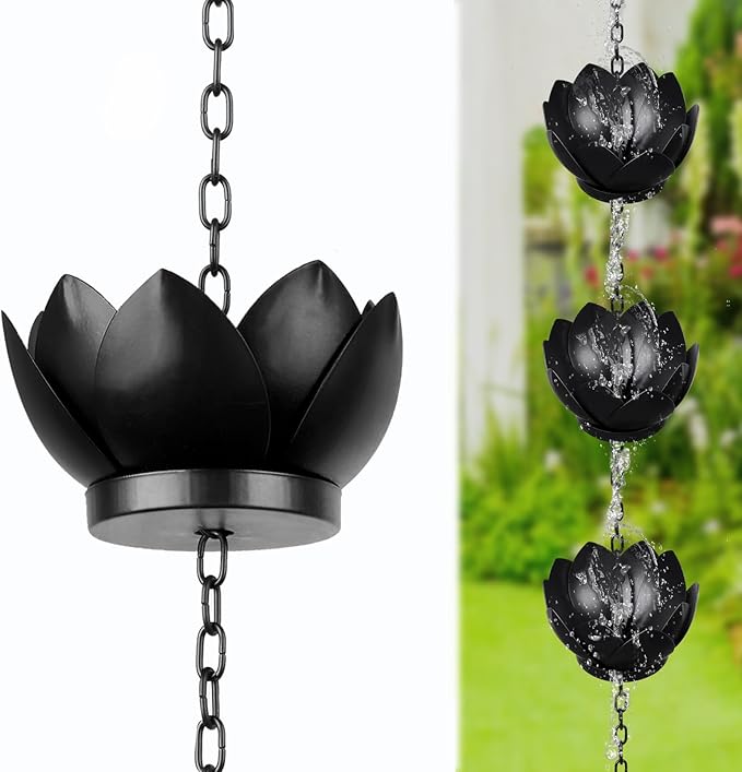 4.2ft Rain Chains for Downspout, Metal Lotus Rain Chain 5 Lotus Rain Chain Cups, Adjustable Rain Catcher Chain for Eaves Drainage, Replacement for Downspout, Gardens Patios & Home Decor