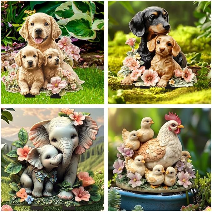 Garden Stake Decor, Acrylic 2D Flat Animal Statue, Fairy Sculptures Ornament Indoor Outdoor Yard Lawn Pot Plant Decorative Accessories (Three-Dogs)