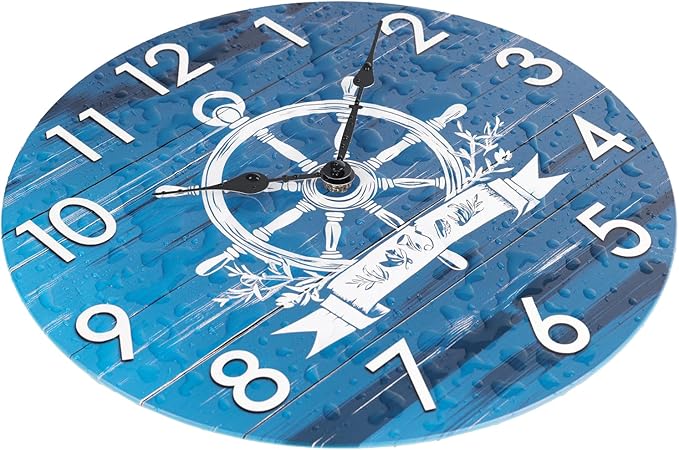 Nautical Outdoor Clock Waterproof -14" Silent Navy Blue Coastal Decor Indoor Outdoor Wall Clocks Battery Operated for Patio, Pool, Porch, Backyard, Bathroom - Boat Ship Steering Wheel Theme