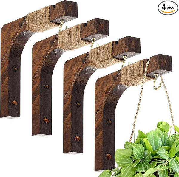 Geelin 4 Pack Wooden Plant Hanger for Wall Mounted Plant Hooks Outdoor Indoor Hanging 6 Inch Farmhouse Hanging Basket Hooks for Garden Home Wall Decoration, L x H x T: 6 x 5 x 0.8inch(Walnut)