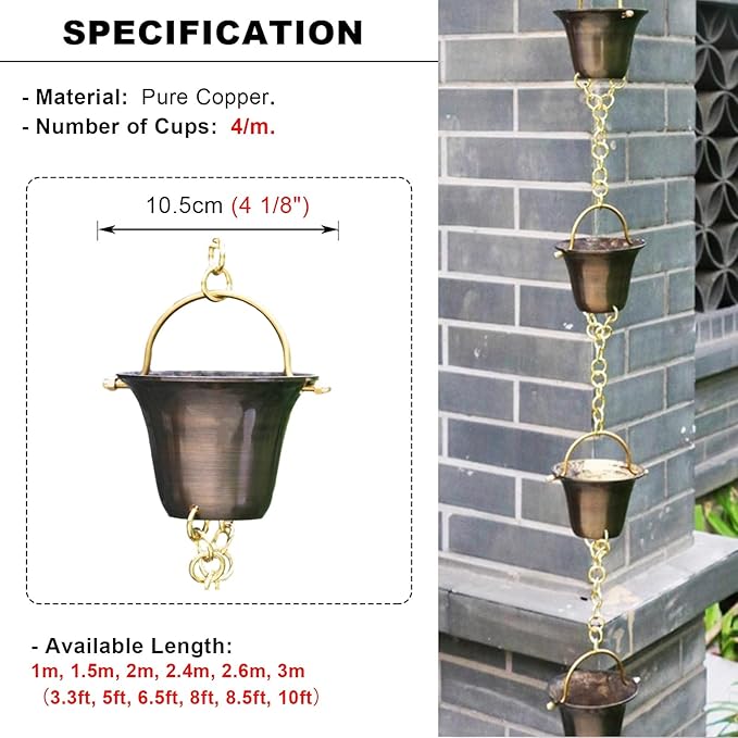 Decorative Rain Chains Waterfall, Rain Chain Copper Rain Chain Extension, Ancient Temple Eaves Water Guide Rain Chain Cups, Rain Catcher Wind Chime for Downspouts, Garden Decorative ( 300cm (10ft))