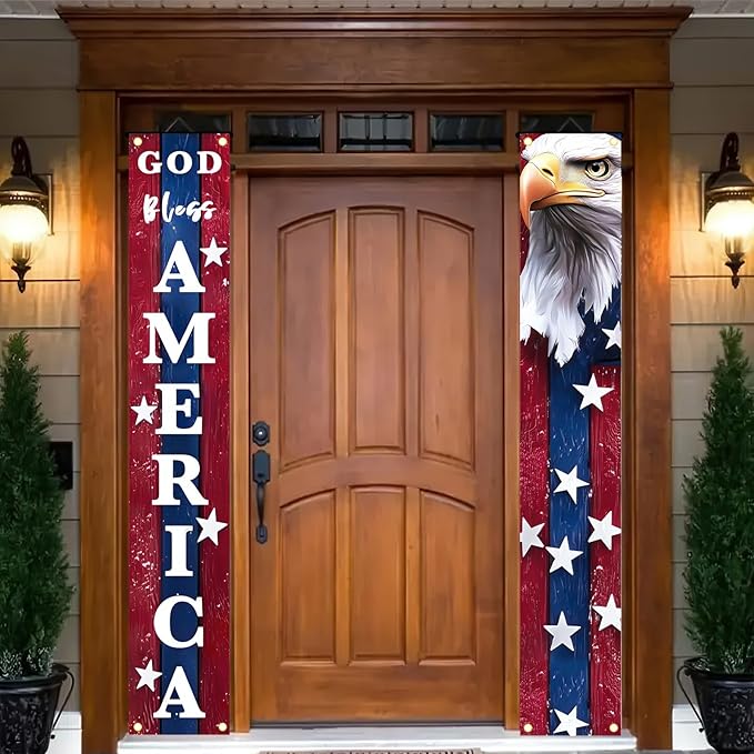BlissYard 4th of July Decorations God Bless America Door Banner American Flag Independence Day Eagle Porch Banner Sign Patriotic Decor Memorial Day Front Door Hanging Porch Signs Veterans Decorative