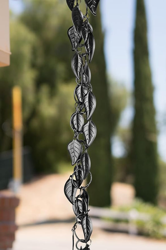 Monarch Rain Chains Aluminum Cascading Leaves Black Rain Chains for Gutters – 8.5 ft Black Decorative Rainchain Outdoor Durable Heavy Duty Gutter Chain Downspout, Modern Rainchains for Outside