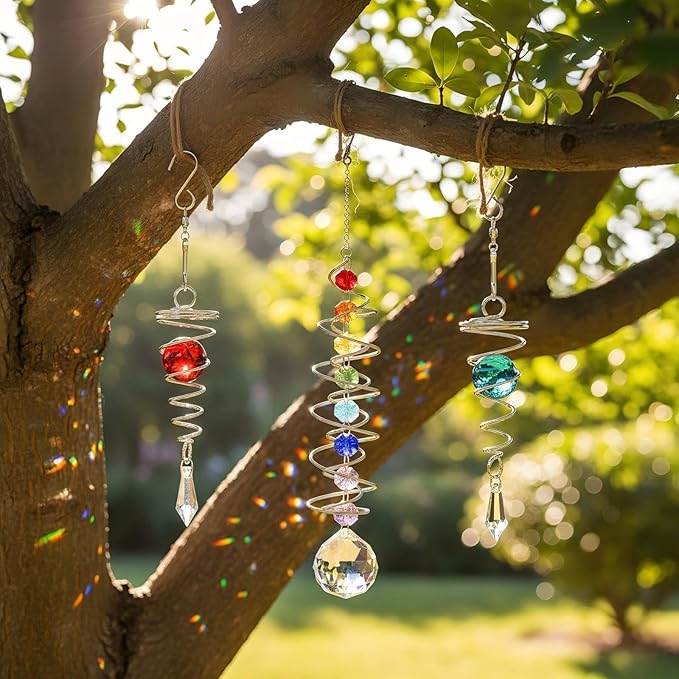 3pc Gazing Ball Spiral Tail Wind Spinner with Crystal Suncatcher Prism Rainbow Maker Hanging Ornament for Window Garden Yard Decorative Indoor Outdoor Home Decor Car Mirror Accessory