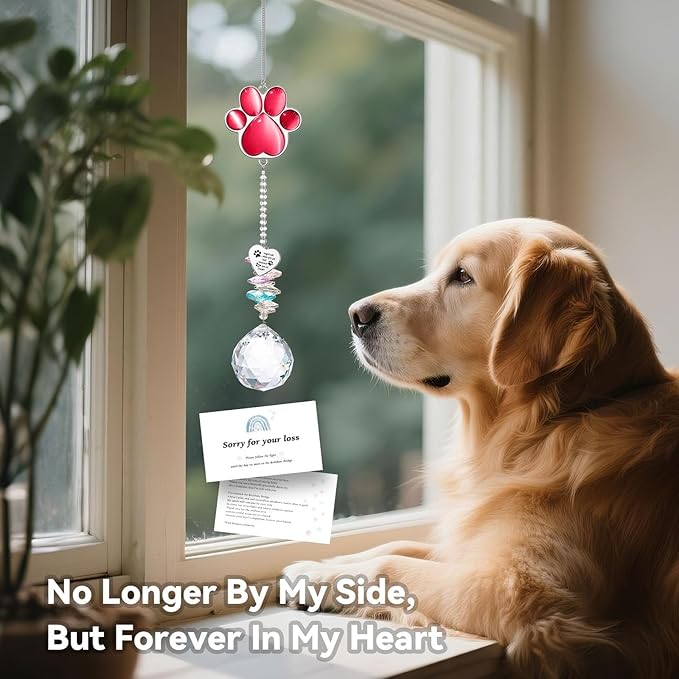 Dog Memorial Gifts for Loss of Dog, Pet Memorial Gifts for Dogs, Thoughtful Bereavement Remembrance Crystal Suncatcher with Sympathy Card (Rose Red)