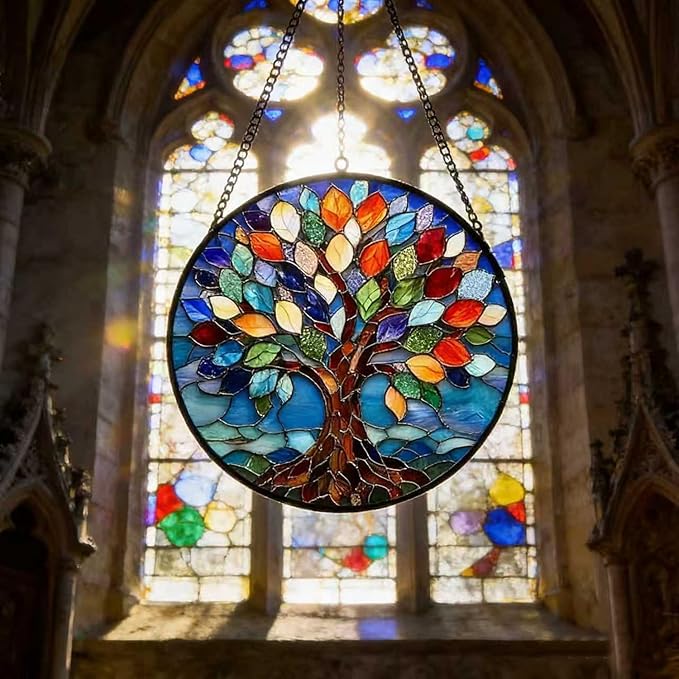 Tree of Life Sun Catcher Acrylic Suncatchers Full Cover Stained Glass Window Hanging Round Ornament Decor for Garden Indoor/Outdoor Housewarming Gift for Women Friends