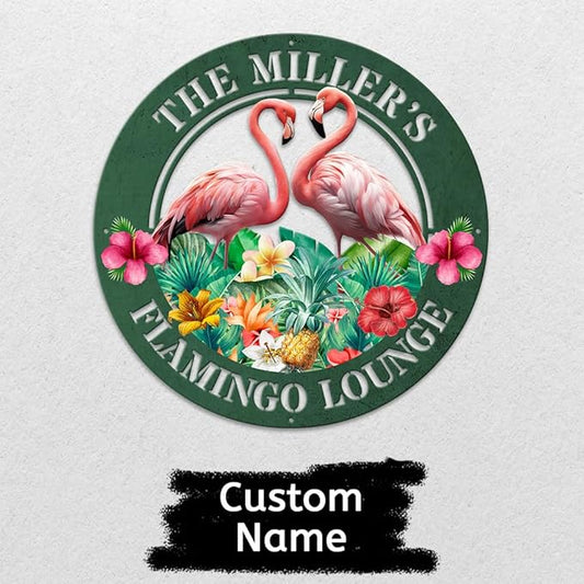 MeMate Flamingo Metal Sign, Outdoor Décor for Backyard, Patio, Pool, Kitchen, Lounge, Personalized Name Outdoor Sign, Pink Metal Sign Housewarming Gift for Family Friend