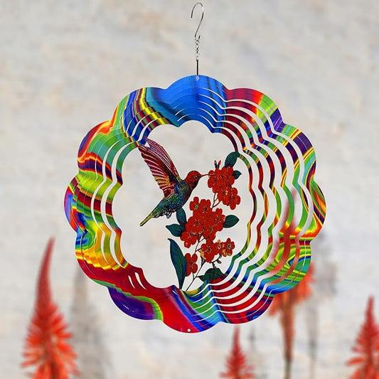 Wind Spinner Colorful Hummingbird 12 inch 3D Stainless Steel Laser Cut Metal Double Sided Printing-Hanging Indoor/Outdoor Decorations Yard Gardening Decor,Metal Kinetic Art Ornament Gifts