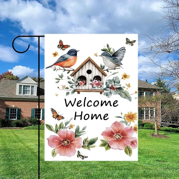 Gkyygk Welcome Garden Flag Home Bird House Flower Butterfly Banners Double Sided 12x18 Inches Farmhouse Holiday Outside Decorations Burlap Yard Flag